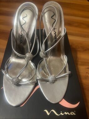 Nina Silver Rhinestone Knot Wedge Sandals